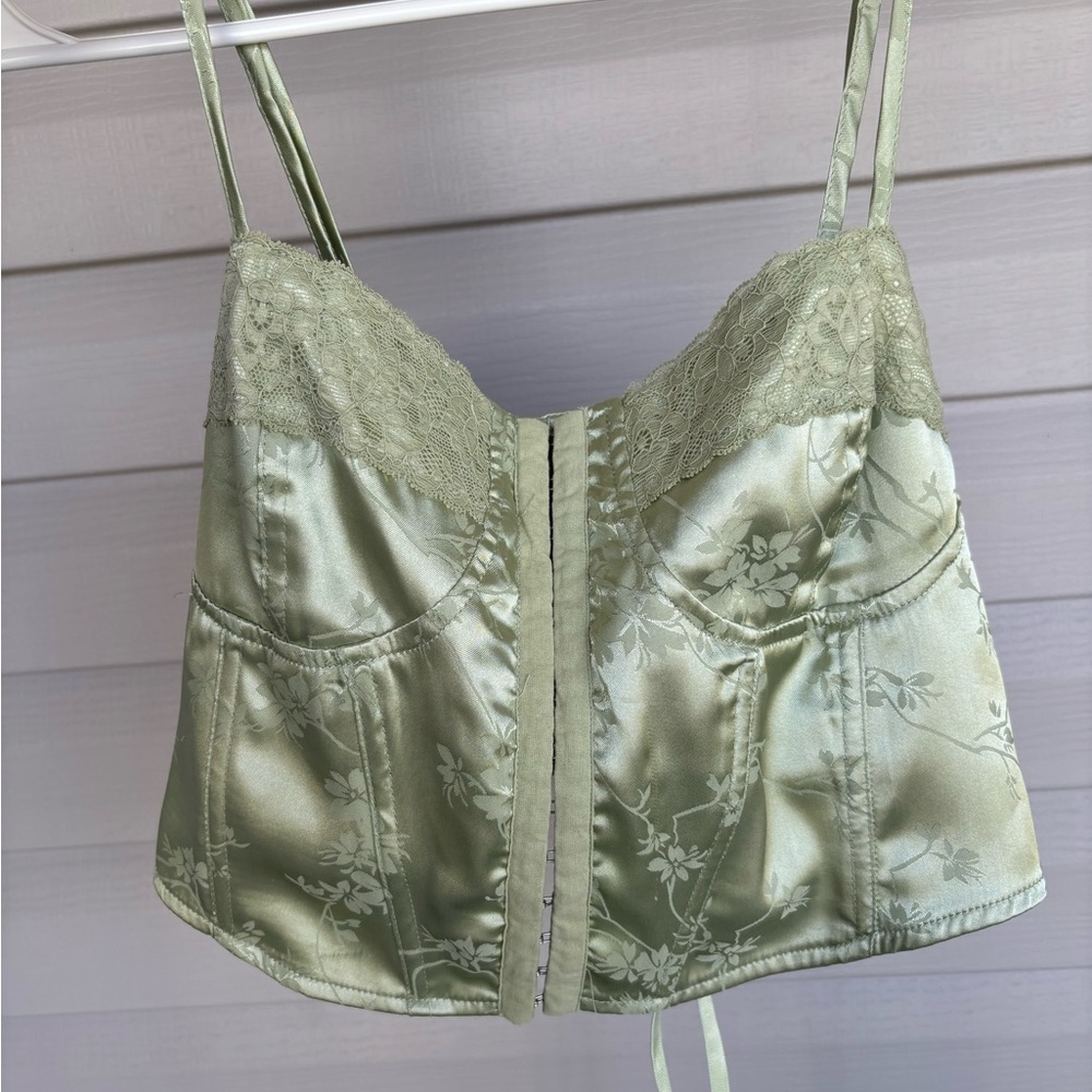 Satin Lace Bustier Top in Sage Green